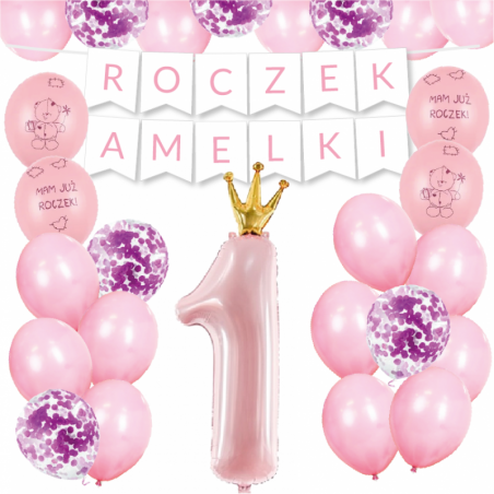 Box balonowy ROCZEK + IMIĘ - jasny różowy + 1 różowa ze złotą koroną + mam już roczek