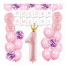 Box balonowy ROCZEK + IMIĘ - jasny różowy + 1 różowa ze złotą koroną + mam już roczek
