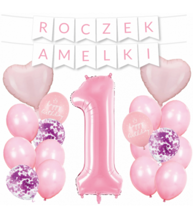 Box balonowy ROCZEK + IMIĘ - jasny różowy + 1 różowa + serca jasnoróżowe + happy birthday