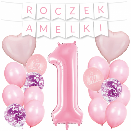 Box balonowy ROCZEK + IMIĘ - jasny różowy + 1 różowa + serca jasnoróżowe + happy birthday