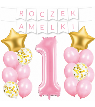 Box balonowy ROCZEK + IMIĘ - jasny różowy + 1 różowa + gwiazdki złote