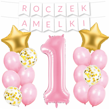 Box balonowy ROCZEK + IMIĘ - jasny różowy + 1 różowa + gwiazdki złote