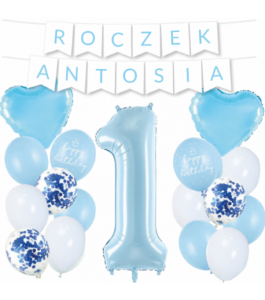 Box balonowy ROCZEK + IMIĘ - jasny niebieski + 1 niebieska + serca niebieskie + happy birthday