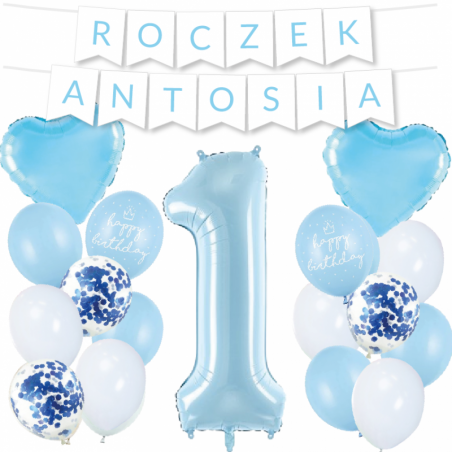 Box balonowy ROCZEK + IMIĘ - jasny niebieski + 1 niebieska + serca niebieskie + happy birthday