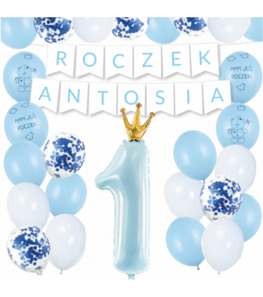 Box balonowy ROCZEK + IMIĘ - jasny niebieski + 1 niebieska ze złotą koroną + mam już roczek