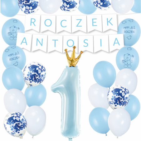 Box balonowy ROCZEK + IMIĘ - jasny niebieski + 1 niebieska ze złotą koroną + mam już roczek