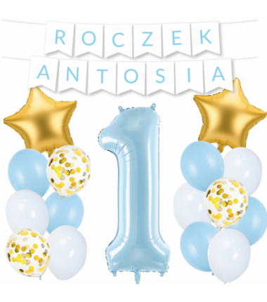Box balonowy ROCZEK + IMIĘ - jasny niebieski + 1 niebieska + gwiazdki złote