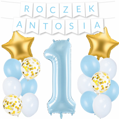 Box balonowy ROCZEK + IMIĘ - jasny niebieski + 1 niebieska + gwiazdki złote