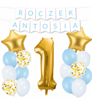 Box balonowy ROCZEK + IMIĘ - jasny niebieski + 1 złota + gwiazdki złote