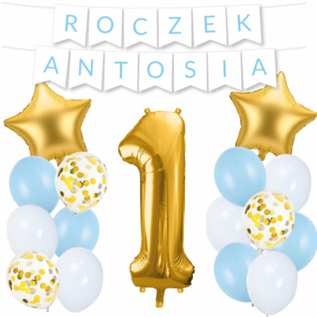 Box balonowy ROCZEK + IMIĘ - jasny niebieski + 1 złota + gwiazdki złote
