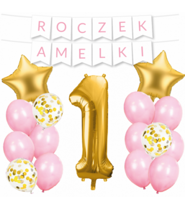 Box balonowy ROCZEK + IMIĘ - jasny różowy + 1 złota + gwiazdki złote