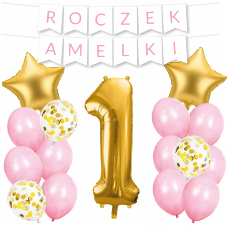 Box balonowy ROCZEK + IMIĘ - jasny różowy + 1 złota + gwiazdki złote