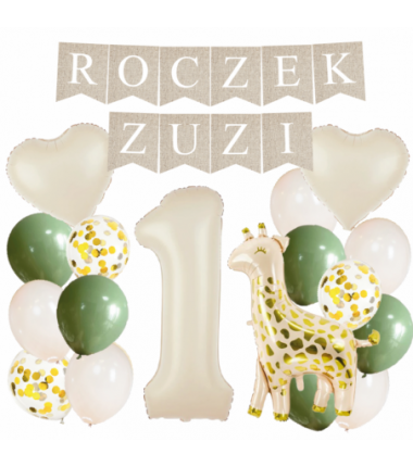 Box balonowy ROCZEK + IMIĘ - boho - oliwka + 1 kremowa + żyrafa