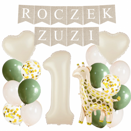 Box balonowy ROCZEK + IMIĘ - boho - oliwka + 1 kremowa + żyrafa