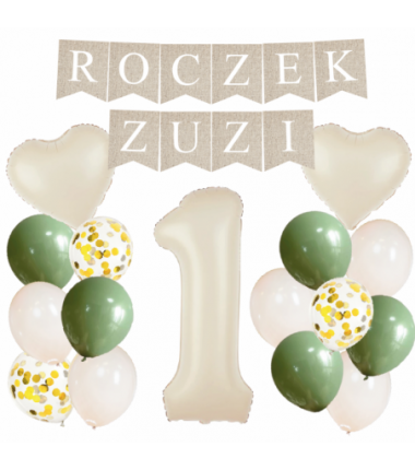 Box balonowy ROCZEK + IMIĘ - boho - oliwka + 1 kremowa