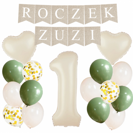 Box balonowy ROCZEK + IMIĘ - boho - oliwka + 1 kremowa