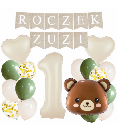 Box balonowy ROCZEK + IMIĘ - boho - oliwka + 1 kremowa + miś