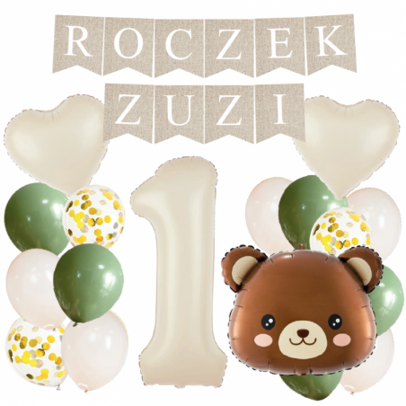 Box balonowy ROCZEK + IMIĘ - boho - oliwka + 1 kremowa + miś