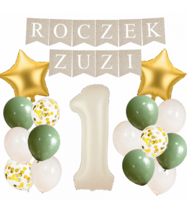 Box balonowy ROCZEK + IMIĘ - boho - oliwka + 1 kremowa + gwiazdki złote