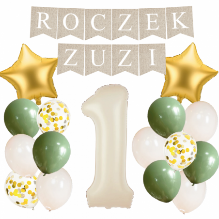 Box balonowy ROCZEK + IMIĘ - boho - oliwka + 1 kremowa + gwiazdki złote