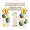 Box balonowy ROCZEK + IMIĘ - boho - oliwka + 1 kremowa + gwiazdki złote