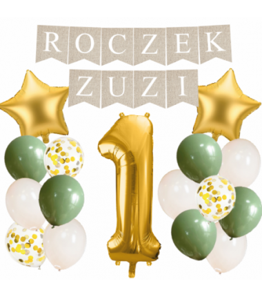 Box balonowy ROCZEK + IMIĘ - boho - oliwka + 1 złota + gwiazdki złote