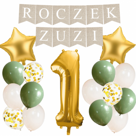 Box balonowy ROCZEK + IMIĘ - boho - oliwka + 1 złota + gwiazdki złote