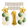 Box balonowy ROCZEK + IMIĘ - boho - oliwka + 1 złota + gwiazdki złote