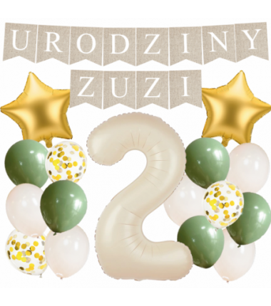 Box balonowy URODZINY + IMIĘ - boho - oliwka + 2 kremowa + gwiazdki złote