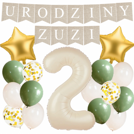 Box balonowy URODZINY + IMIĘ - boho - oliwka + 2 kremowa + gwiazdki złote