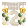 Box balonowy URODZINY + IMIĘ - boho - oliwka + 2 kremowa + gwiazdki złote
