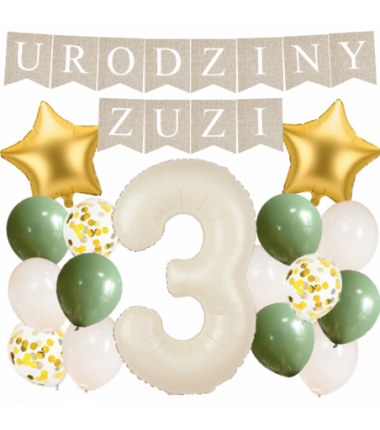 Box balonowy URODZINY + IMIĘ - boho - oliwka + 3 kremowa + gwiazdki złote