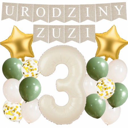 Box balonowy URODZINY + IMIĘ - boho - oliwka + 3 kremowa + gwiazdki złote