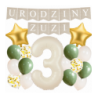 Box balonowy URODZINY + IMIĘ - boho - oliwka + 3 kremowa + gwiazdki złote