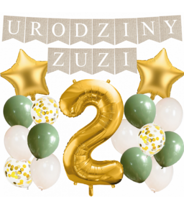 Box balonowy URODZINY + IMIĘ - boho - oliwka + 2 złota + gwiazdki złote