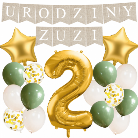 Box balonowy URODZINY + IMIĘ - boho - oliwka + 2 złota + gwiazdki złote