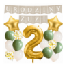 Box balonowy URODZINY + IMIĘ - boho - oliwka + 2 złota + gwiazdki złote