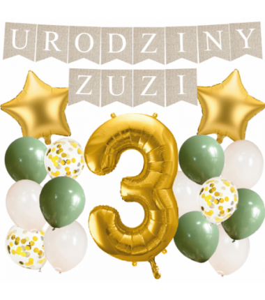 Box balonowy URODZINY + IMIĘ - boho - oliwka + 3 złota + gwiazdki złote