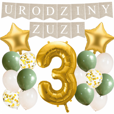 Box balonowy URODZINY + IMIĘ - boho - oliwka + 3 złota + gwiazdki złote