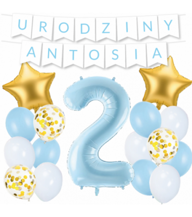 Box balonowy URODZINY + IMIĘ - jasny niebieski + 2 niebieska + gwiazdki złote