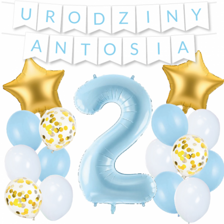 Box balonowy URODZINY + IMIĘ - jasny niebieski + 2 niebieska + gwiazdki złote
