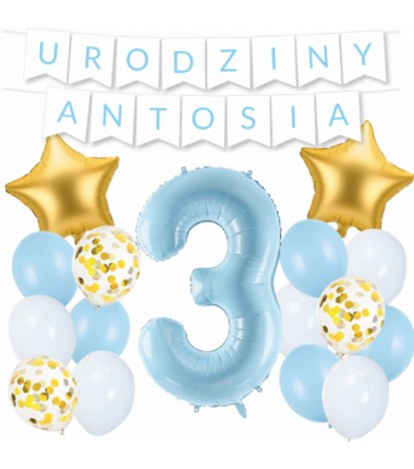 Box balonowy URODZINY + IMIĘ - jasny niebieski + 3 niebieska + gwiazdki złote
