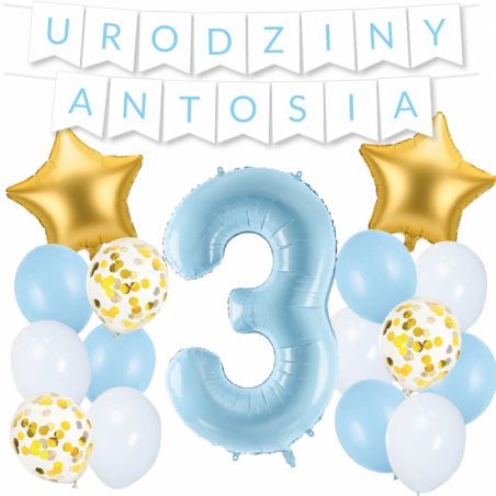 Box balonowy URODZINY + IMIĘ - jasny niebieski + 3 niebieska + gwiazdki złote