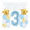 Box balonowy URODZINY + IMIĘ - jasny niebieski + 3 niebieska + gwiazdki złote