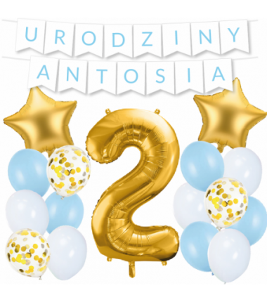 Box balonowy URODZINY + IMIĘ - jasny niebieski + 2 złota + gwiazdki złote