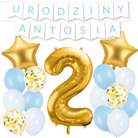 Box balonowy URODZINY + IMIĘ - jasny niebieski + 2 złota + gwiazdki złote