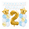 Box balonowy URODZINY + IMIĘ - jasny niebieski + 2 złota + gwiazdki złote