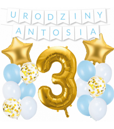 Box balonowy URODZINY + IMIĘ - jasny niebieski + 3 złota + gwiazdki złote