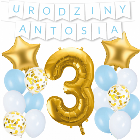 Box balonowy URODZINY + IMIĘ - jasny niebieski + 3 złota + gwiazdki złote