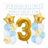 Box balonowy URODZINY + IMIĘ - jasny niebieski + 3 złota + gwiazdki złote